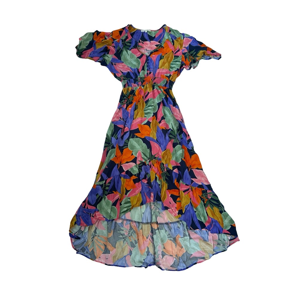 Abel the Label Floral High Low Midi Dress Tropical V-Neck Smocked Waist Large - Picture 3 of 6